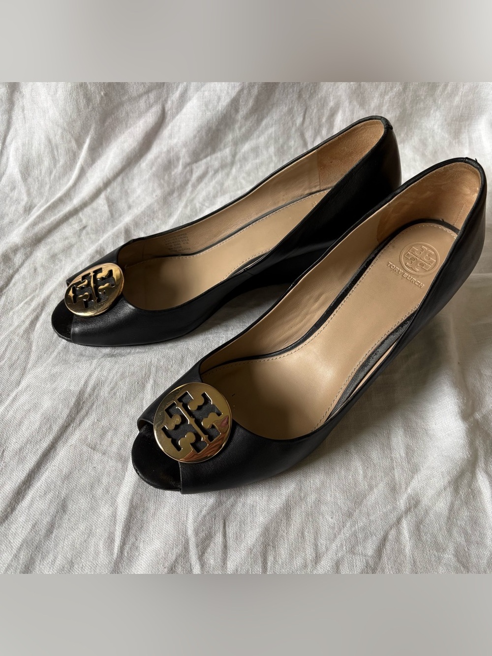 TORI BURCH Kara Wedge Classic Black Size 11 Open Toe Leather